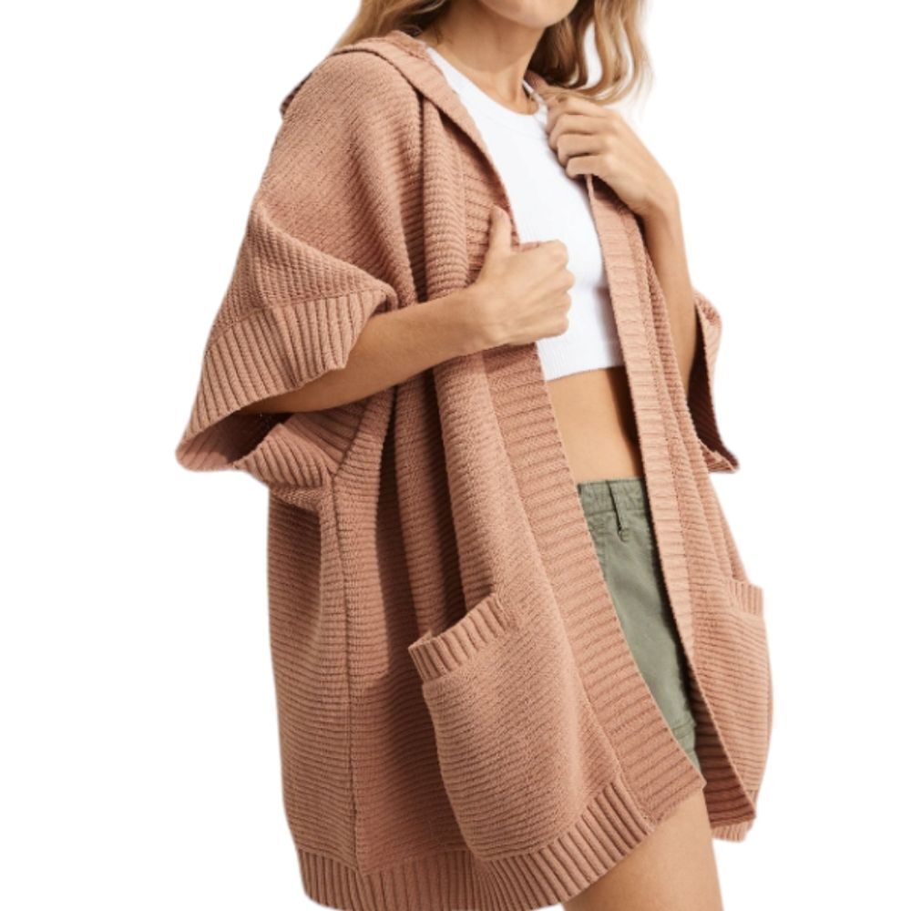 Aerie Ribbed Brown Knit Open Front Cardigan Brown Hooded Casual Poncho XS